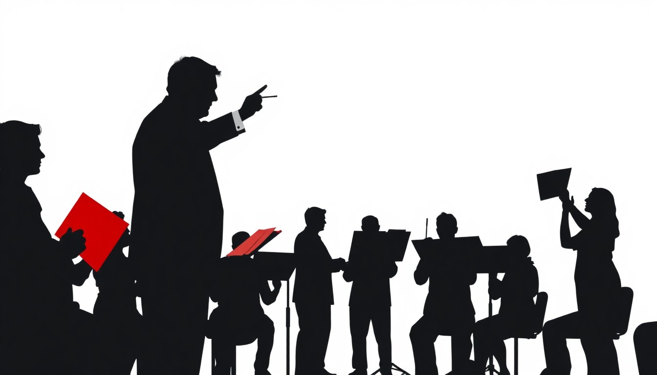 A striking abstract illustration featuring bold black silhouettes of musical instruments against a backdrop of bright red and white geometric shapes, conveying the transition of leadership for a community music ensemble.