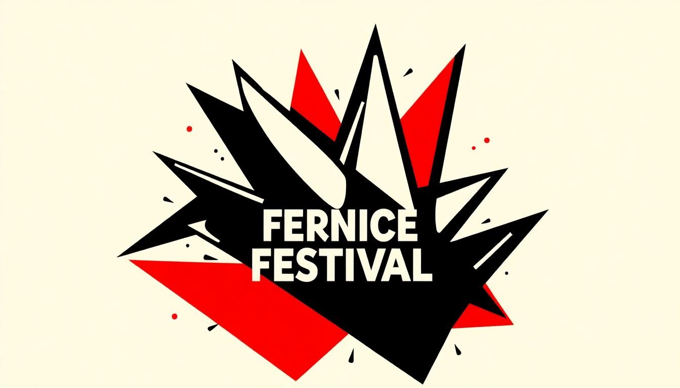 An abstract composition of bold, angular black shapes against a stark white background, conceptually representing the independent, grassroots spirit of an alternative music festival.