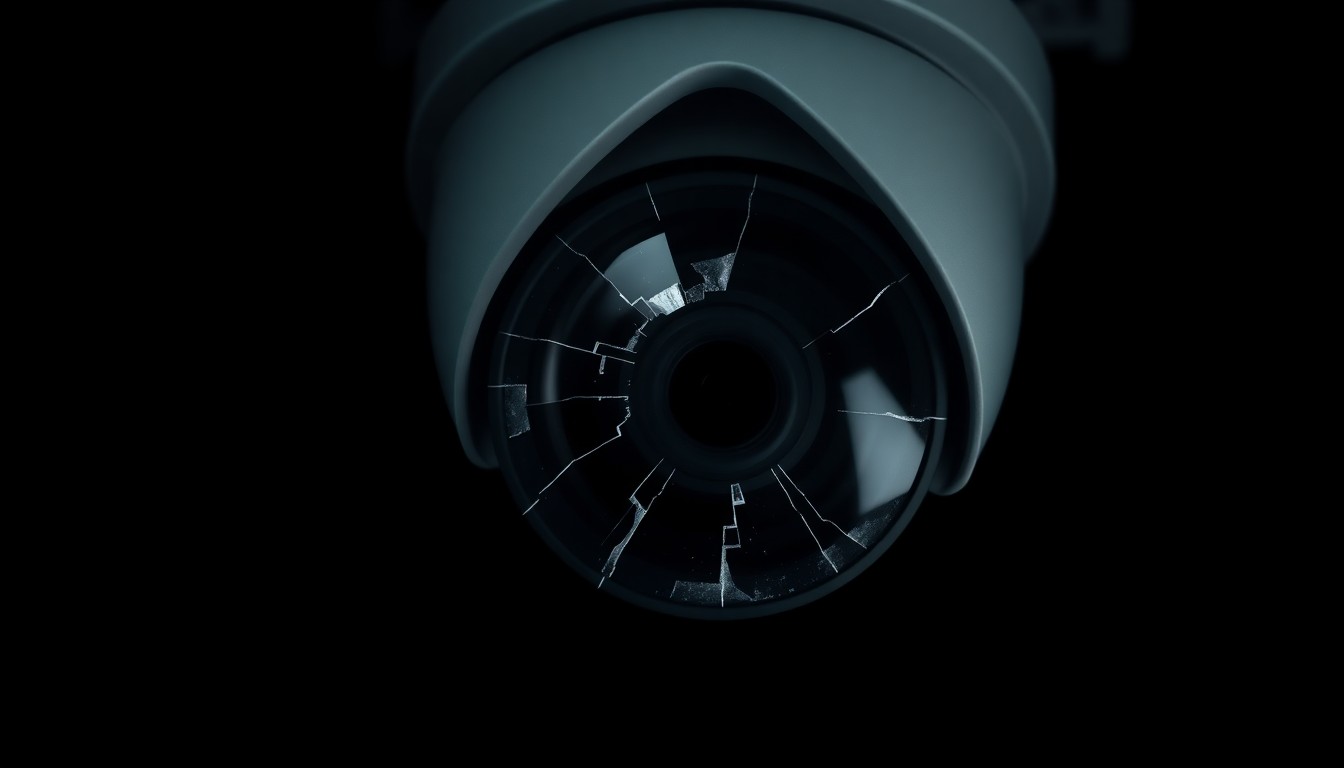 An extreme close-up of a broken security camera lens reflecting a faint red light, conceptually representing the security challenges at the transportation hub.