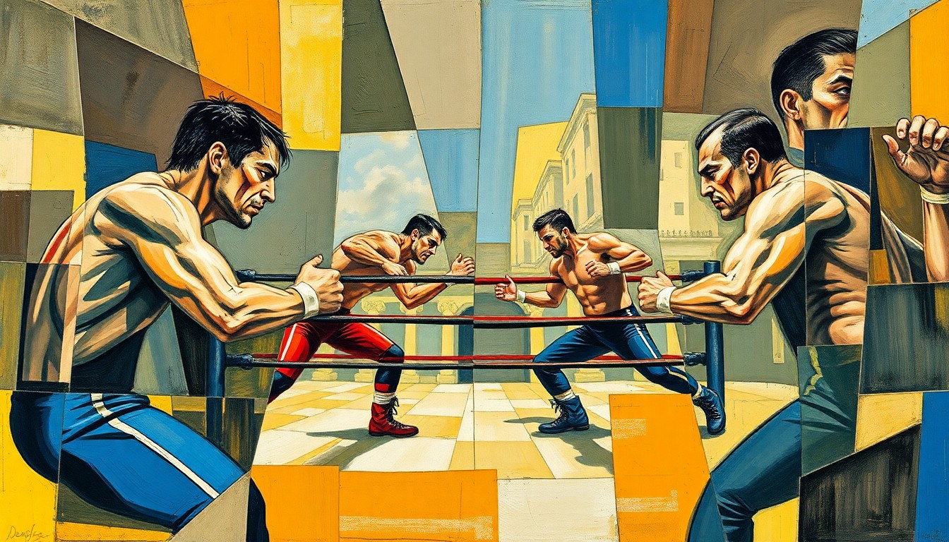 A cubist, geometric painting depicting the four NXT wrestlers in various poses and perspectives, their figures fractured and abstracted into sharp, overlapping planes of color.