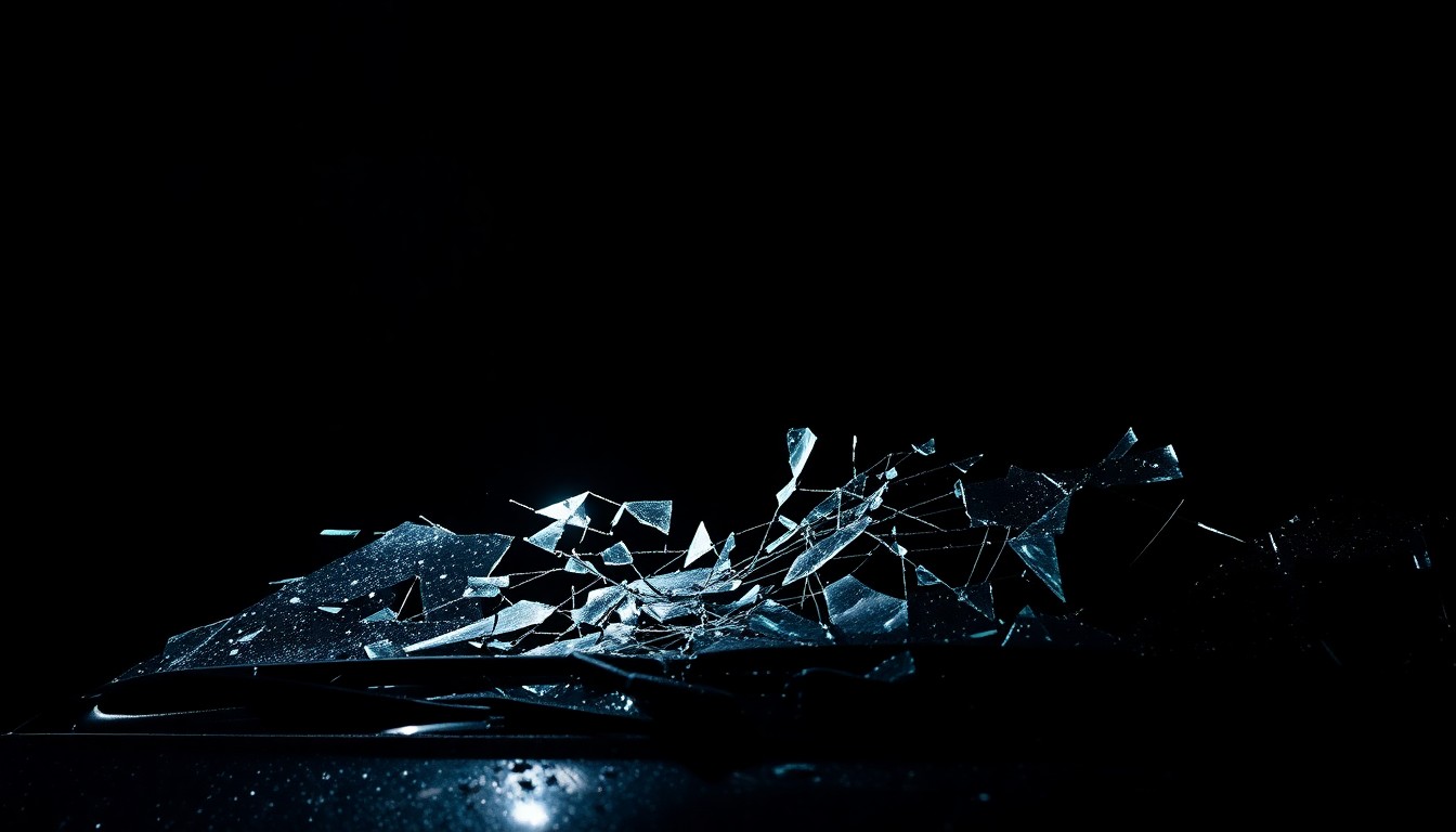 An extreme close-up photograph of a cracked and shattered car windshield, conveying the gritty aftermath of a fatal collision through dramatic lighting and stark, textural details.