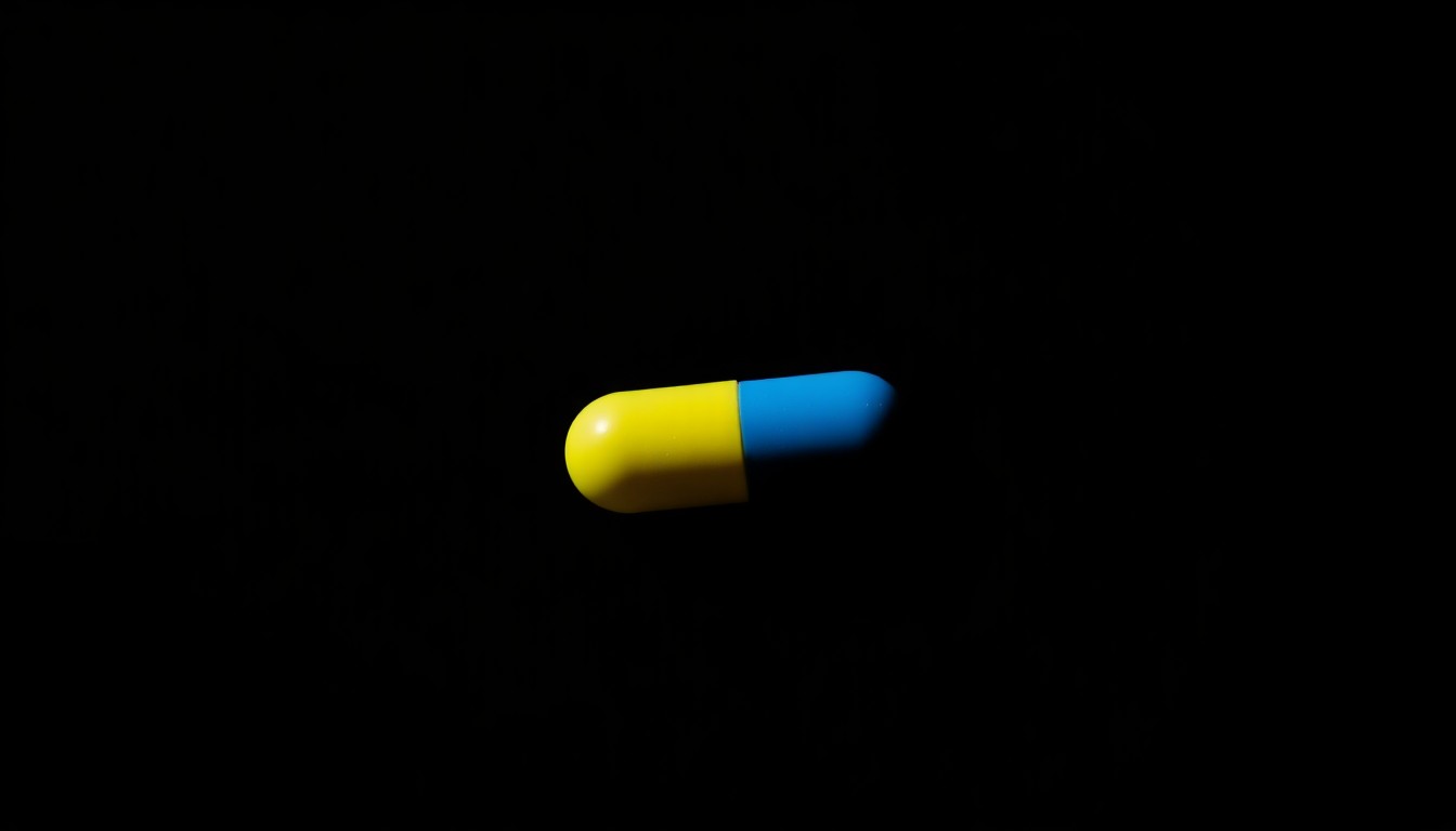 An extreme close-up photograph of a single blue and yellow pill, its surface texture and material details dramatically illuminated by a harsh, direct camera flash against a pitch-black background, conceptually representing the deadly impact of illicit fentanyl.