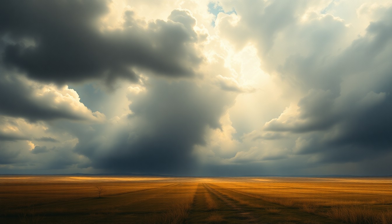 A sweeping, atmospheric landscape painting in muted tones of gray, blue, and white, depicting a vast, stormy sky with dramatic light breaking through the clouds over a desolate, windswept field, conveying the overwhelming power and sublime beauty of nature.
