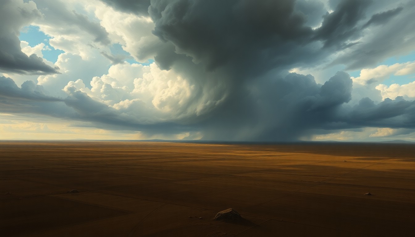 A vast, moody landscape painting in muted tones of gray, blue, and green, with a dramatic, cloud-filled sky dominating the frame and dwarfing any small structures or objects on the ground below.