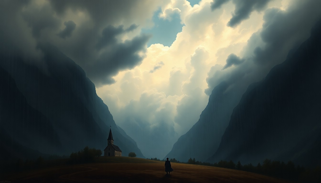 A vast, atmospheric landscape painting in muted tones of gray, blue, and green, with a small church or other structure barely visible in the distance, dwarfed by the dramatic, swirling clouds and heavy rain that dominate the scene.