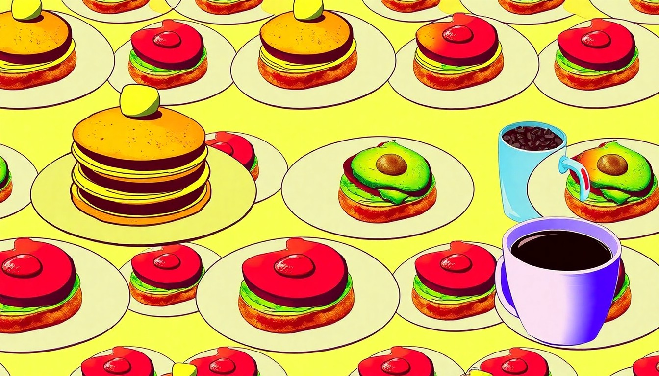 A bold, colorful silkscreen print featuring repeated images of breakfast items like pancakes, avocado toast, and coffee, conceptually representing the variety and energy of Gainesville's thriving brunch culture.