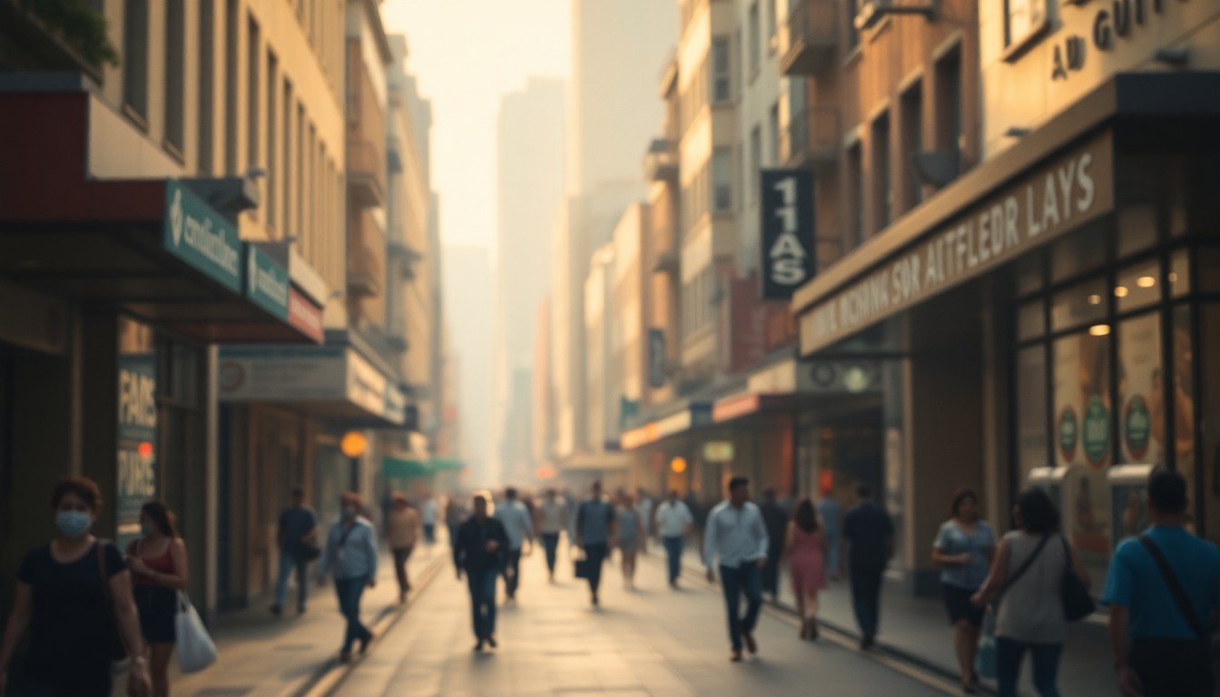 An abstract, impressionistic photograph of a busy downtown street, with blurred storefronts and pedestrians visible through a hazy, warm filter, conveying the vibrant energy and resilience of the local businesses.