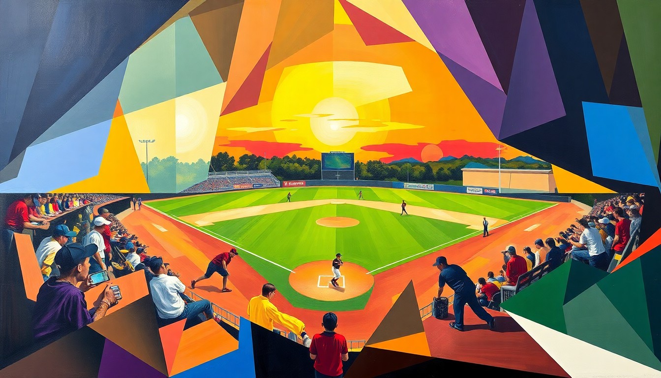 A fragmented, geometric painting depicting the dynamic action and movement of a high school softball game, with the bright colors of the competing teams' uniforms.