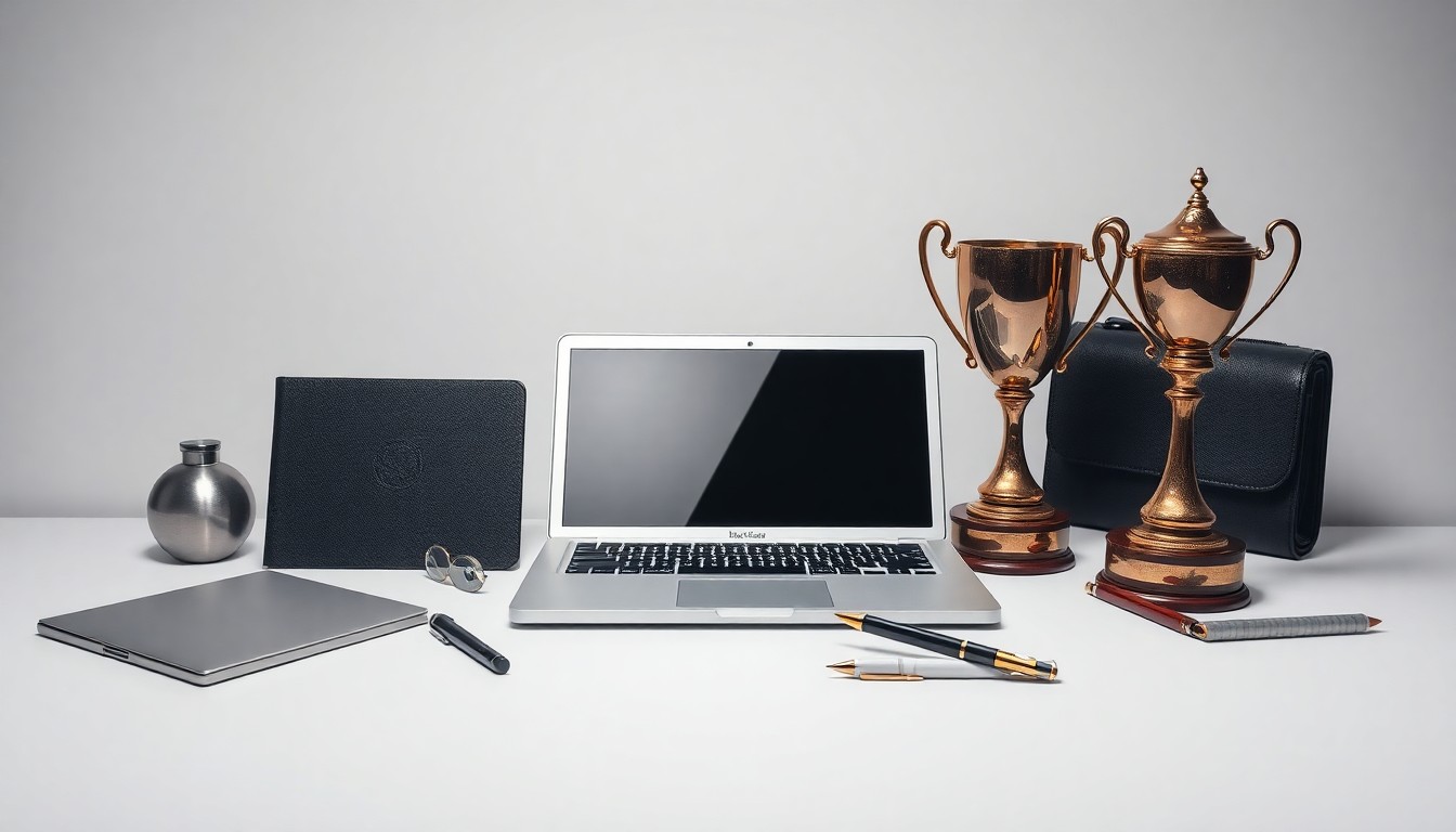 A minimalist studio still life photograph featuring a neatly arranged collection of business-themed objects like a laptop, pen, notebook, and trophy, symbolizing the hard work and accomplishment of the OCHS students who qualified for the DECA international competition.