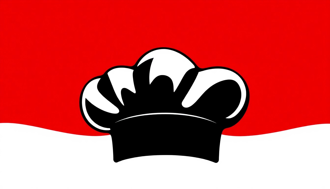 A bold, graphic silhouette of a chef's hat in stark black against a vibrant red background, conceptually representing the creative energy and culinary spirit of the beloved Indianapolis restaurant.