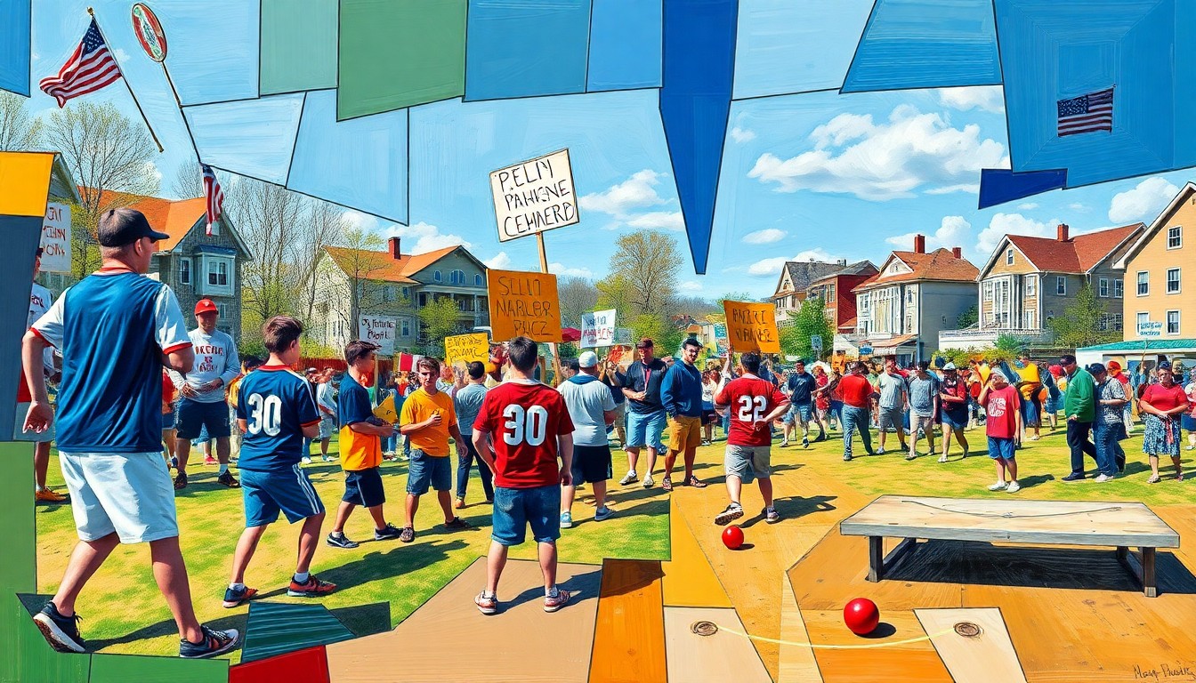 A cubist, geometric painting depicting fragmented scenes of a high school sports game, a protest, and a pétanque match, with vibrant colors and sharp, overlapping planes.