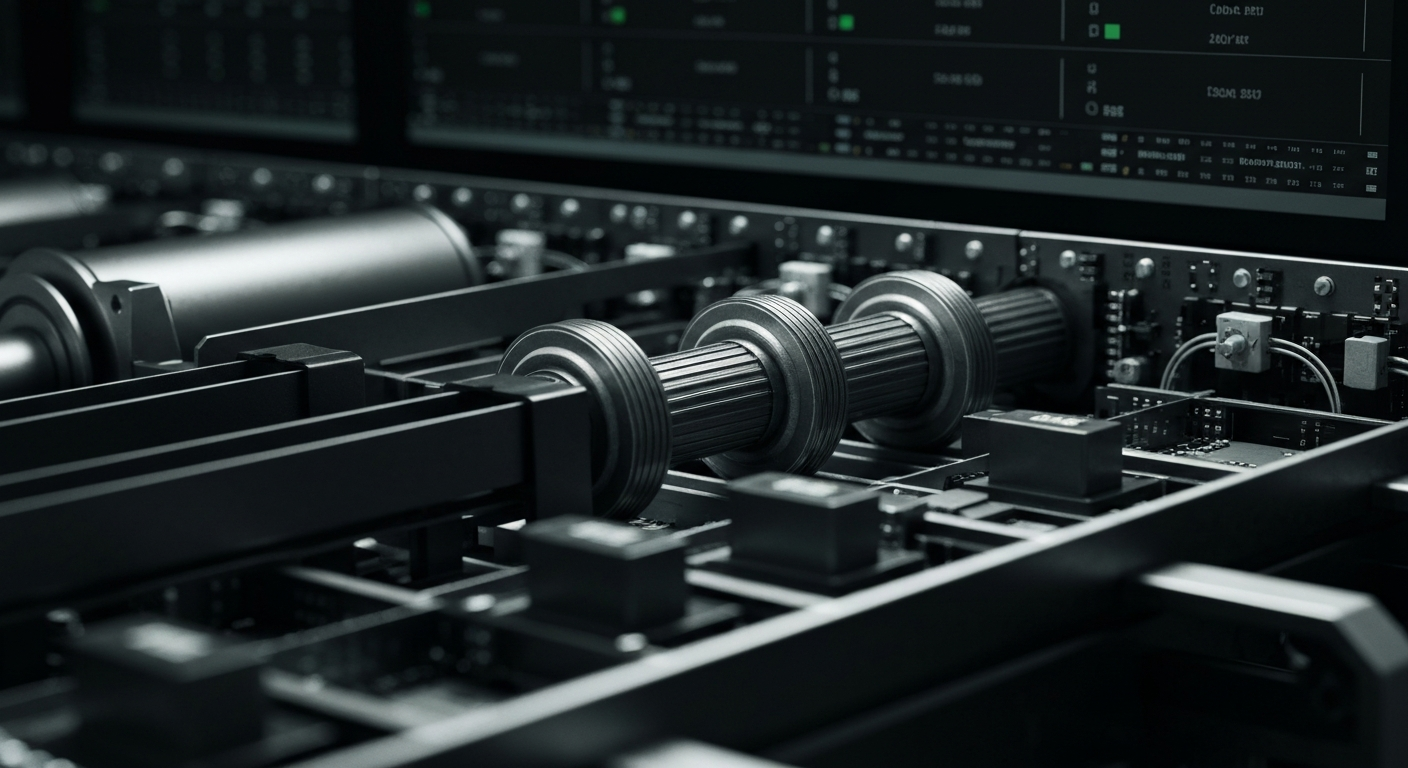 An extreme close-up of the gears, circuits, and hardware components that make up the backend of a modern online trading platform, rendered in a high-contrast, industrial black-and-white style.