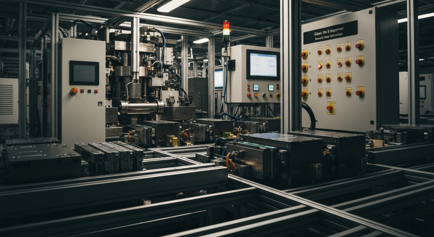 An extreme close-up of gleaming, intricate metal gears and components, conceptually representing the complex machinery and infrastructure powering the global semiconductor industry.