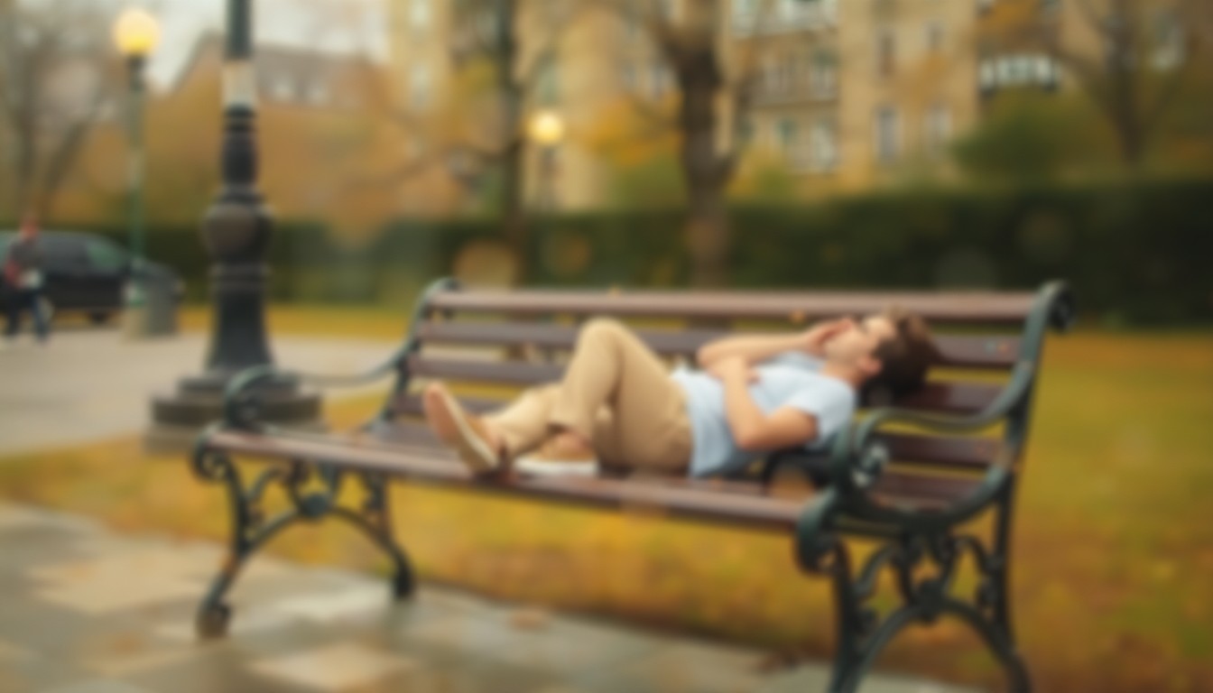 An abstract, impressionistic image of a blurred figure sleeping on a park bench, with the scene obscured by a soft, warm-toned wash of light and color, conveying the complex and nuanced nature of homelessness in the city.