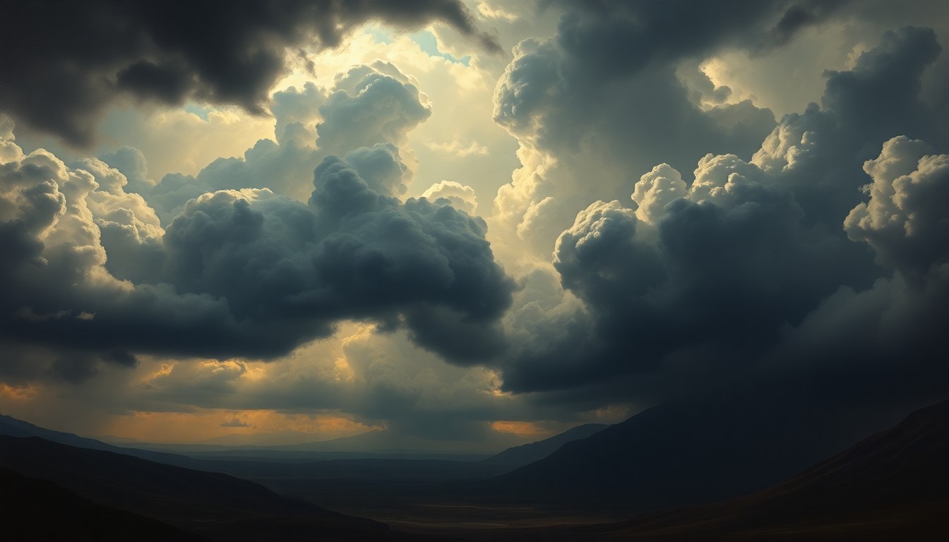 A sweeping, atmospheric landscape painting depicting a massive, foreboding storm system dominating the sky, with small buildings and structures dwarfed by the scale of the natural elements.