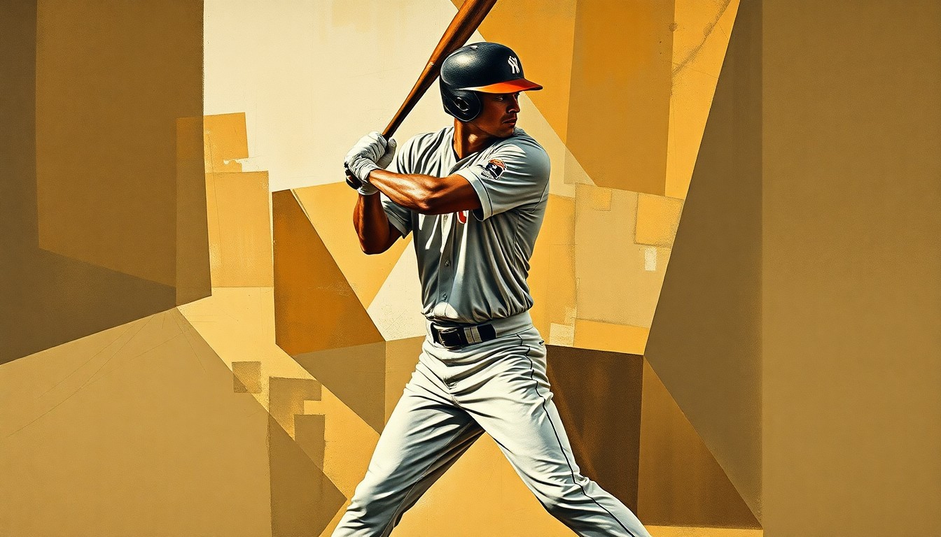 A fractured, geometric painting depicting the deconstructed elements of a baseball player's batting stance and swing, rendered in muted earth tones to conceptually illustrate the mechanical and physical challenges facing an aging veteran player.