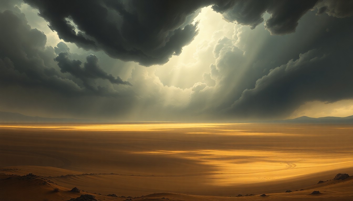 A vast, majestic landscape painting in the style of Caspar David Friedrich, depicting a sweeping, windswept desert scene under a dramatic, foreboding sky. The composition uses deep atmospheric perspective and dramatic backlighting to capture the mood of impending extreme weather conditions, with the horizon line dominated by a towering wall of dark clouds.