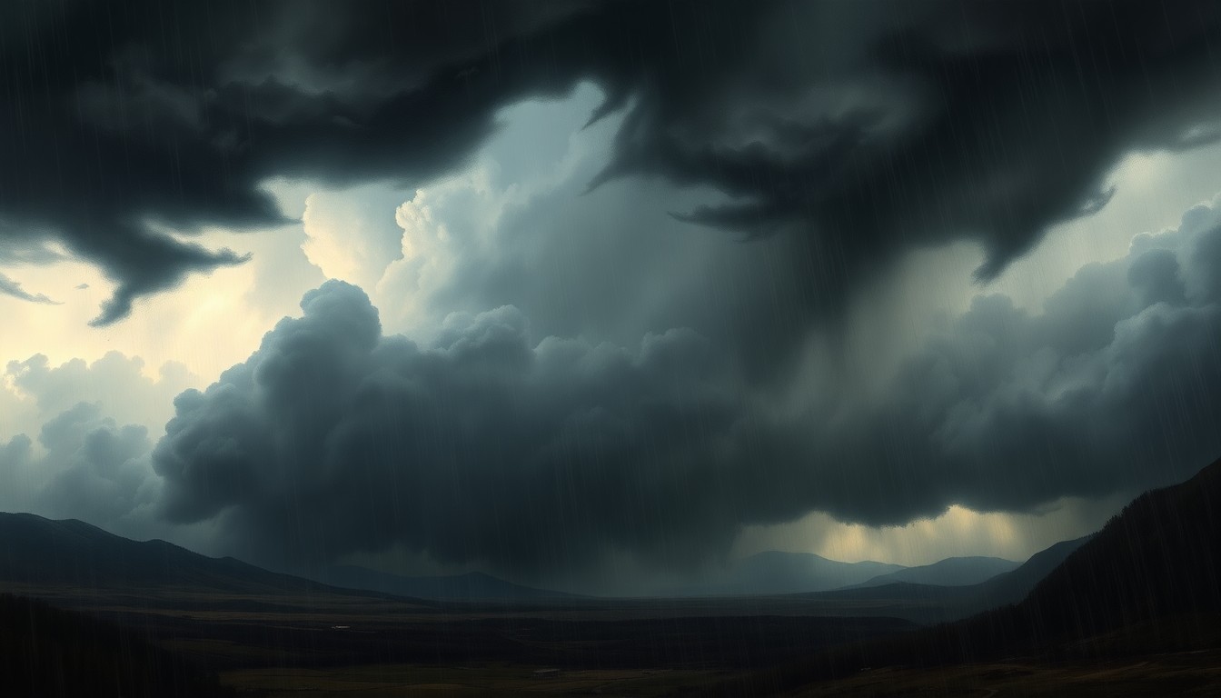 A dramatic, atmospheric landscape painting depicting a massive, swirling thunderstorm with dark, ominous clouds and sheets of rain, dwarfing any physical structures or vehicles caught within the scene.