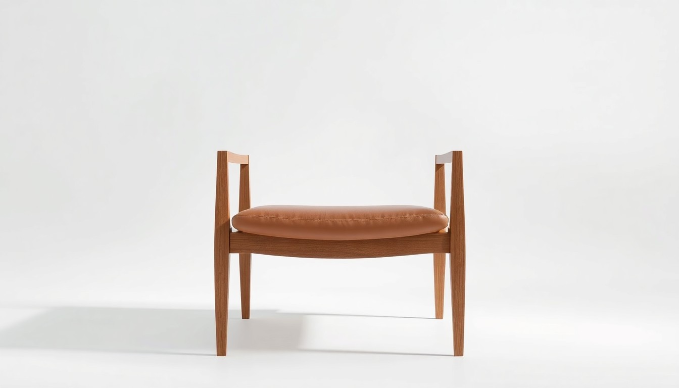 A photorealistic studio still life featuring a polished, geometric wooden chair frame and a smooth, leather seat cushion in a neutral color palette, floating on a clean, white background to represent the premium quality and design of Hooker Furnishings' furniture.