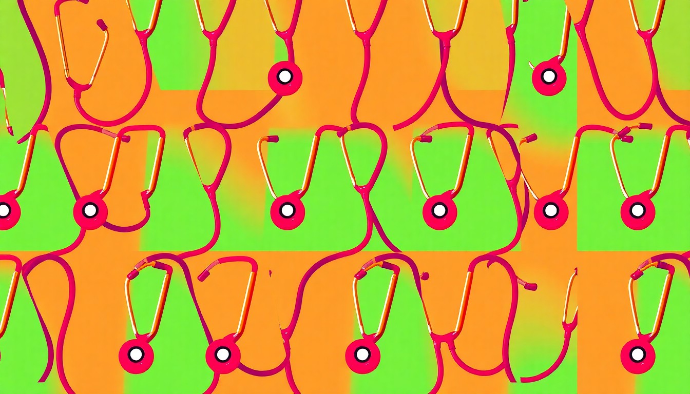 A brightly colored, high-contrast silkscreen print of a stethoscope repeated in a tight grid pattern, capturing the celebratory energy of a new medical school opening in Buffalo.