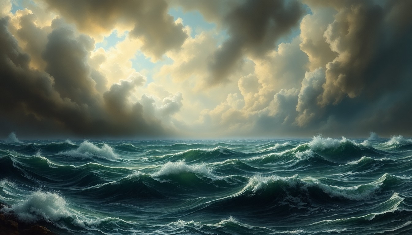 A dramatic landscape painting in the style of Caspar David Friedrich, depicting a stormy seascape with crashing waves and ominous clouds obscuring the horizon, conveying the overwhelming, sublime power of the natural forces at play.