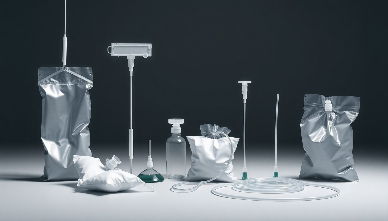 A photorealistic studio still life featuring a collection of clean, polished medical equipment components arranged elegantly on a monochromatic background, conceptually representing the abstract ideas of hospital waste management and sustainable recycling.