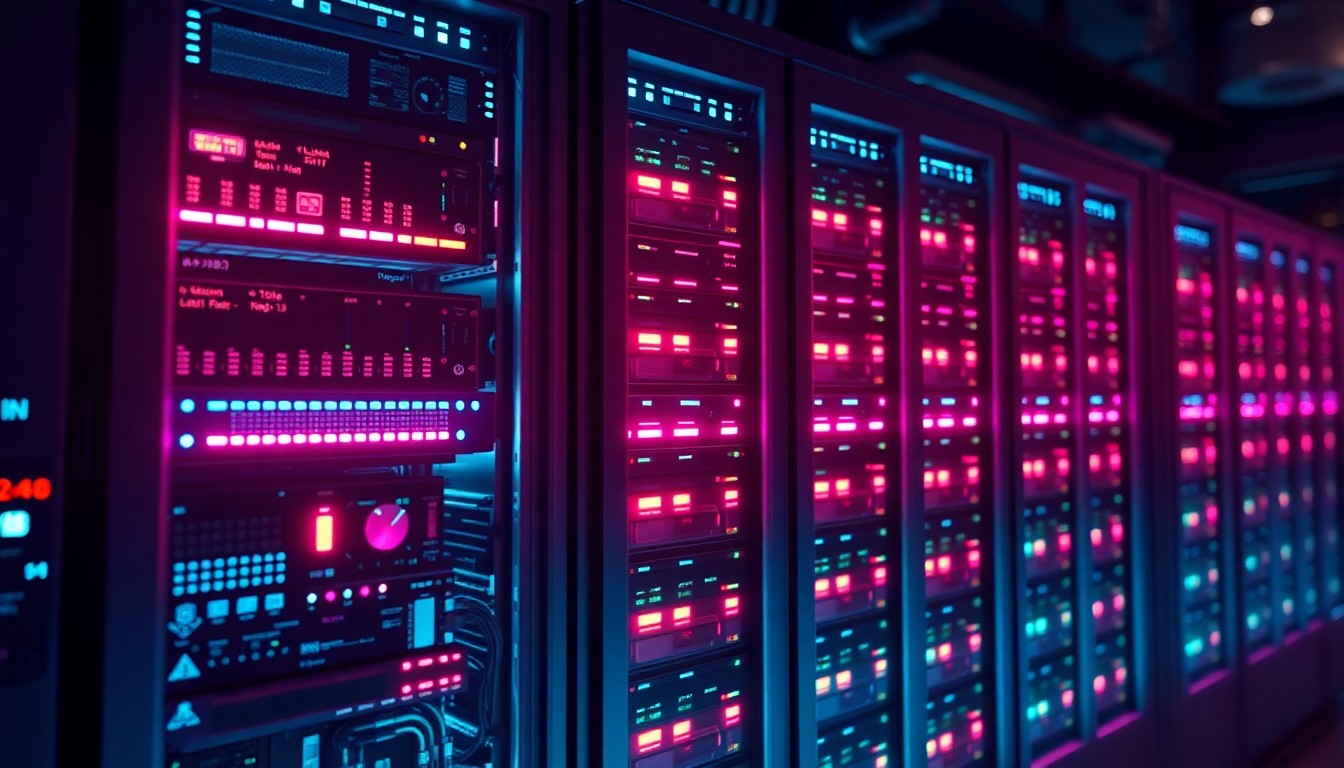 A highly detailed, glowing 3D illustration of a futuristic data server rack, with intricate hardware components illuminated by neon cyan and magenta lights, conceptually representing the complex technical requirements for legal-tech startups to safely handle cross-border data flows.