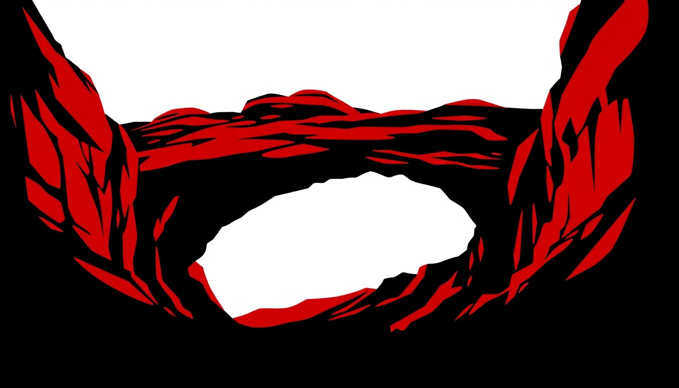 An abstract, minimalist illustration using bold black shapes and high-contrast colors to conceptually represent the iconic Red Rocks Amphitheatre, without any text or literal imagery.