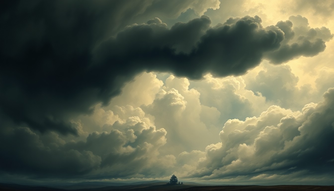 A dramatic, atmospheric landscape painting in muted tones of gray, blue, and white, depicting a turbulent, stormy sky with heavy clouds obscuring the horizon, conveying the overwhelming power of an approaching weather system.