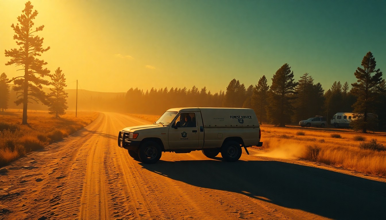 A photorealistic painting of a lone Forest Service truck parked on a dusty rural road, with warm sunlight and deep shadows creating a contemplative, cinematic mood.