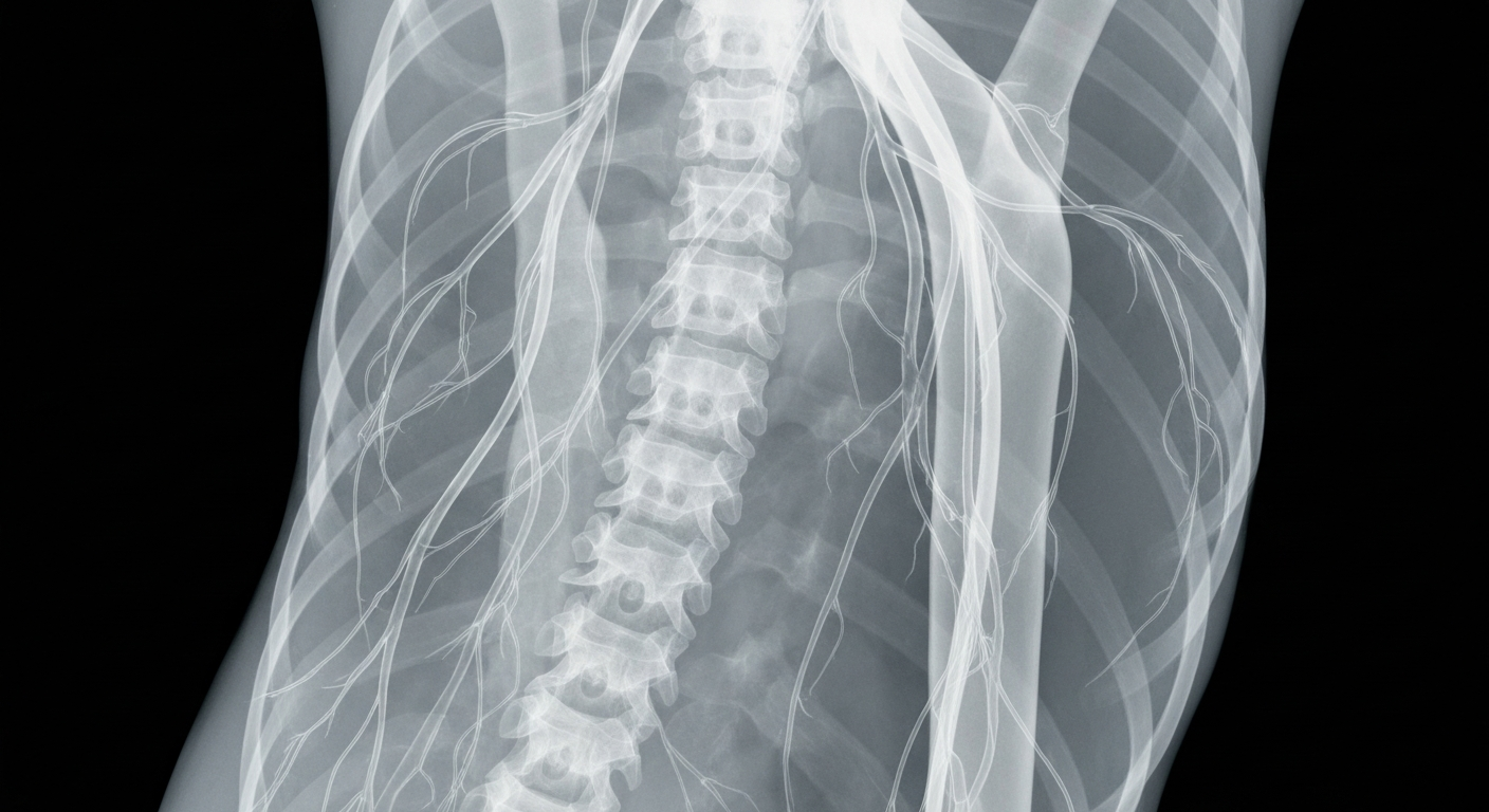 A ghostly, translucent X-ray photograph revealing the intricate network of nerves and blood vessels that connect acupuncture points to the body's internal regulatory systems, conceptually illustrating how acupuncture modulates homeostasis.