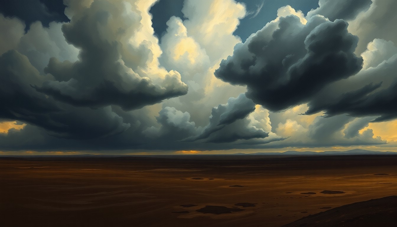 A dramatic landscape painting in the style of Caspar David Friedrich, with a dark, stormy sky filled with swirling clouds looming over a flat, desolate horizon, conveying the overwhelming power of an impending severe weather event.