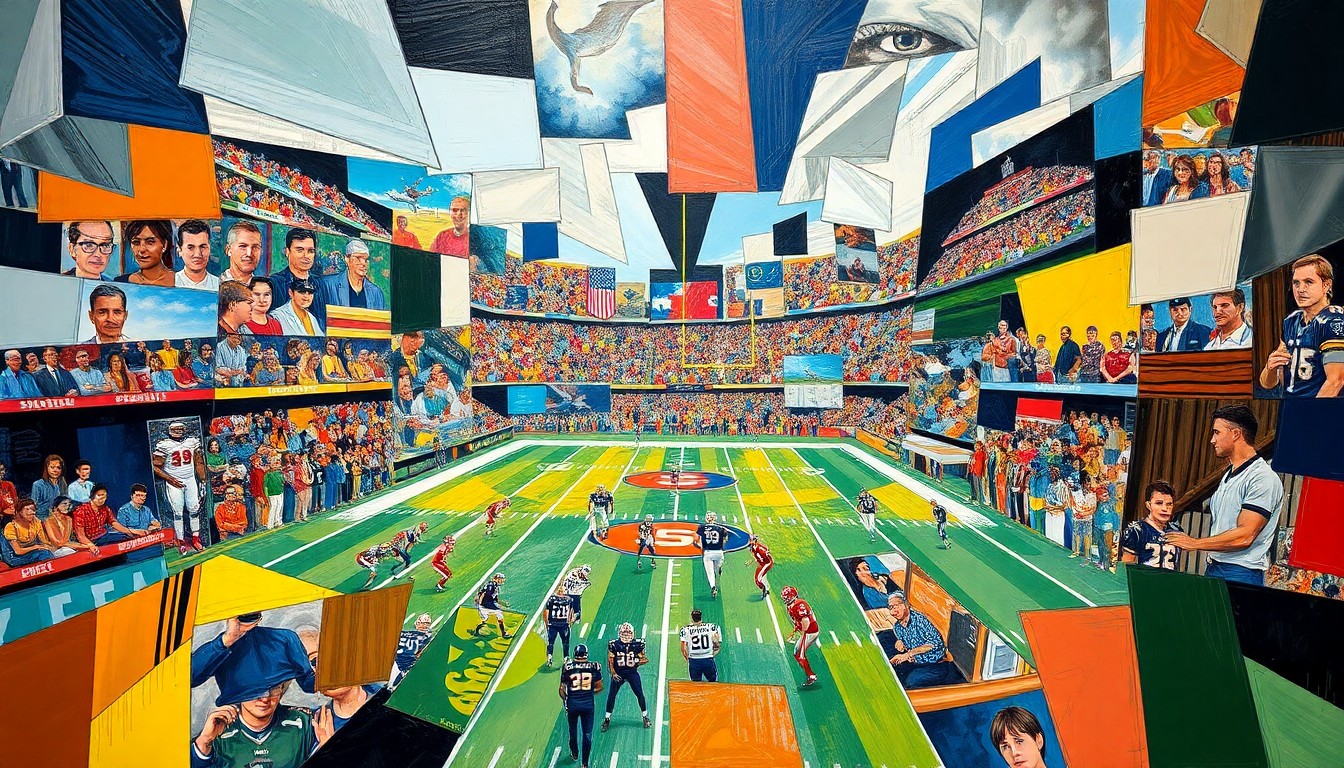 A cubist, geometric painting depicting fragmented football players, draft prospects, and team logos, conveying the complex and multifaceted nature of the NFL draft process.