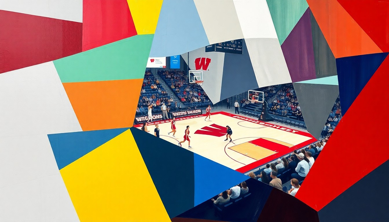 A cubist, geometric painting depicting a fragmented scene of a women's basketball game, with sharp planes of red, white, and black representing the Badgers team colors.