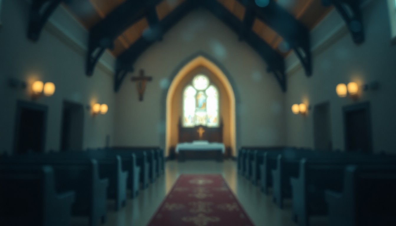 An abstract, out-of-focus scene depicting the soft, warm glow of an indoor chapel, conveying a sense of reverence and tranquility.