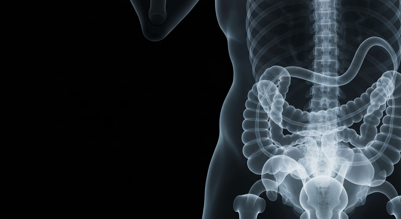 A ghostly, translucent X-ray image revealing the internal structure of the human digestive system, conceptually representing the limitations of AI-powered nutrition guidance.