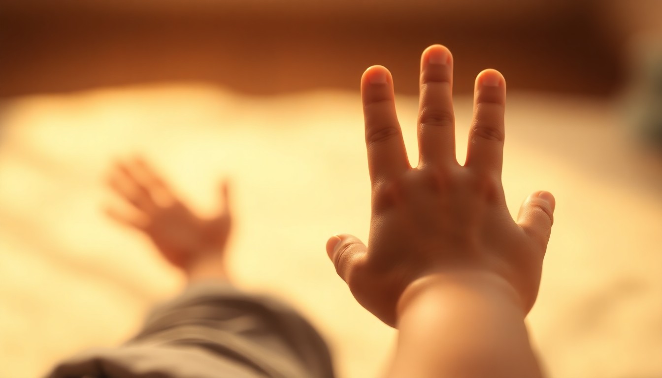 An extremely abstracted, out-of-focus photograph in warm tones depicting a blurred scene of a child's hand reaching out, conceptually representing the journey of healing and resilience after childhood trauma.