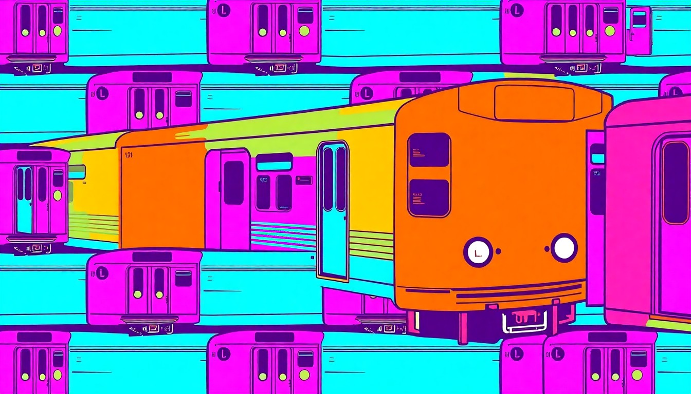 A brightly colored, high-contrast silkscreen print of a Chicago 'L' train car repeated in a tight grid pattern, capturing the iconic symbol of the city's public transit system in a bold, modern pop art style.