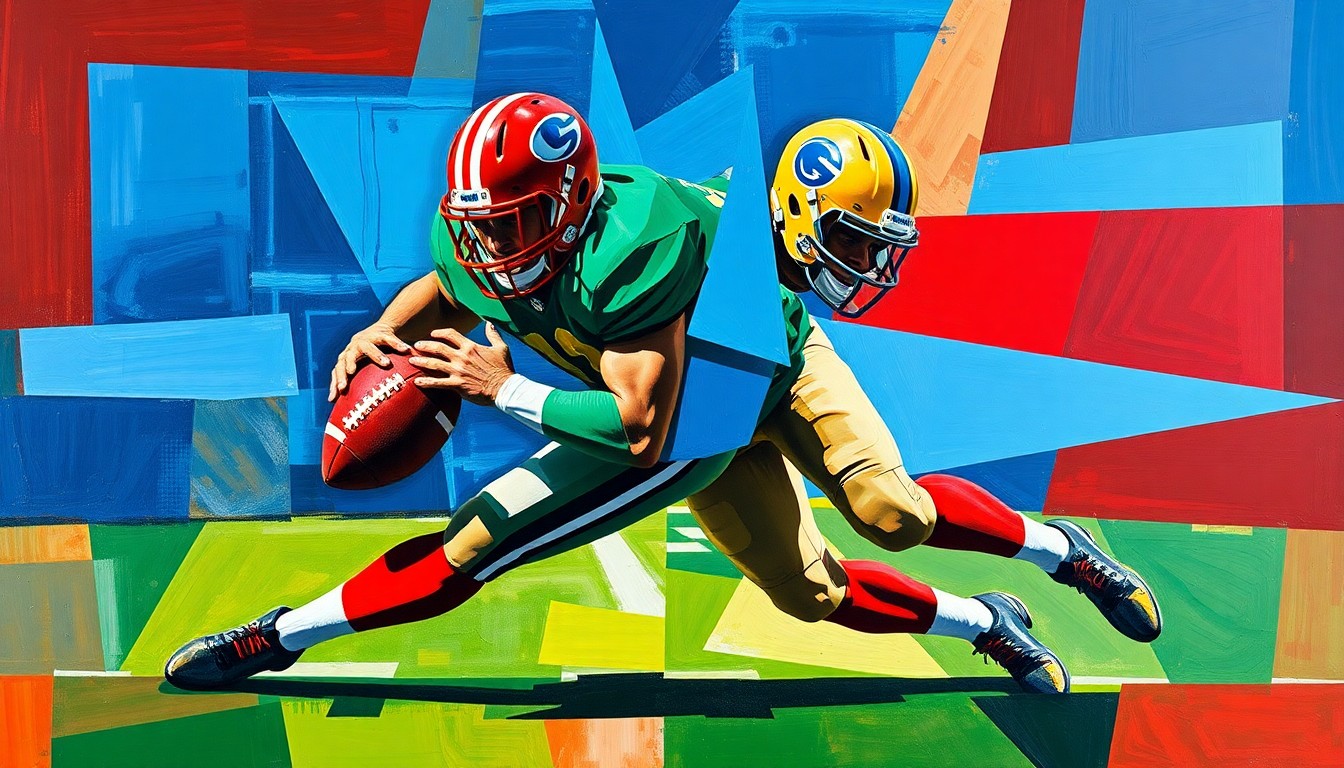A cubist, geometric painting depicting a football player making a tackle, with sharp, overlapping planes of color representing the dynamic action and multiple perspectives.