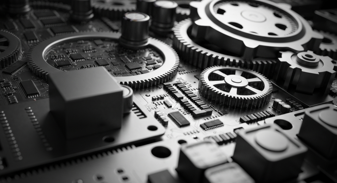 An extreme close-up of the inner mechanisms of a stock trading terminal, with gears, circuits, and metallic components filling the frame in a dramatic, industrial style.