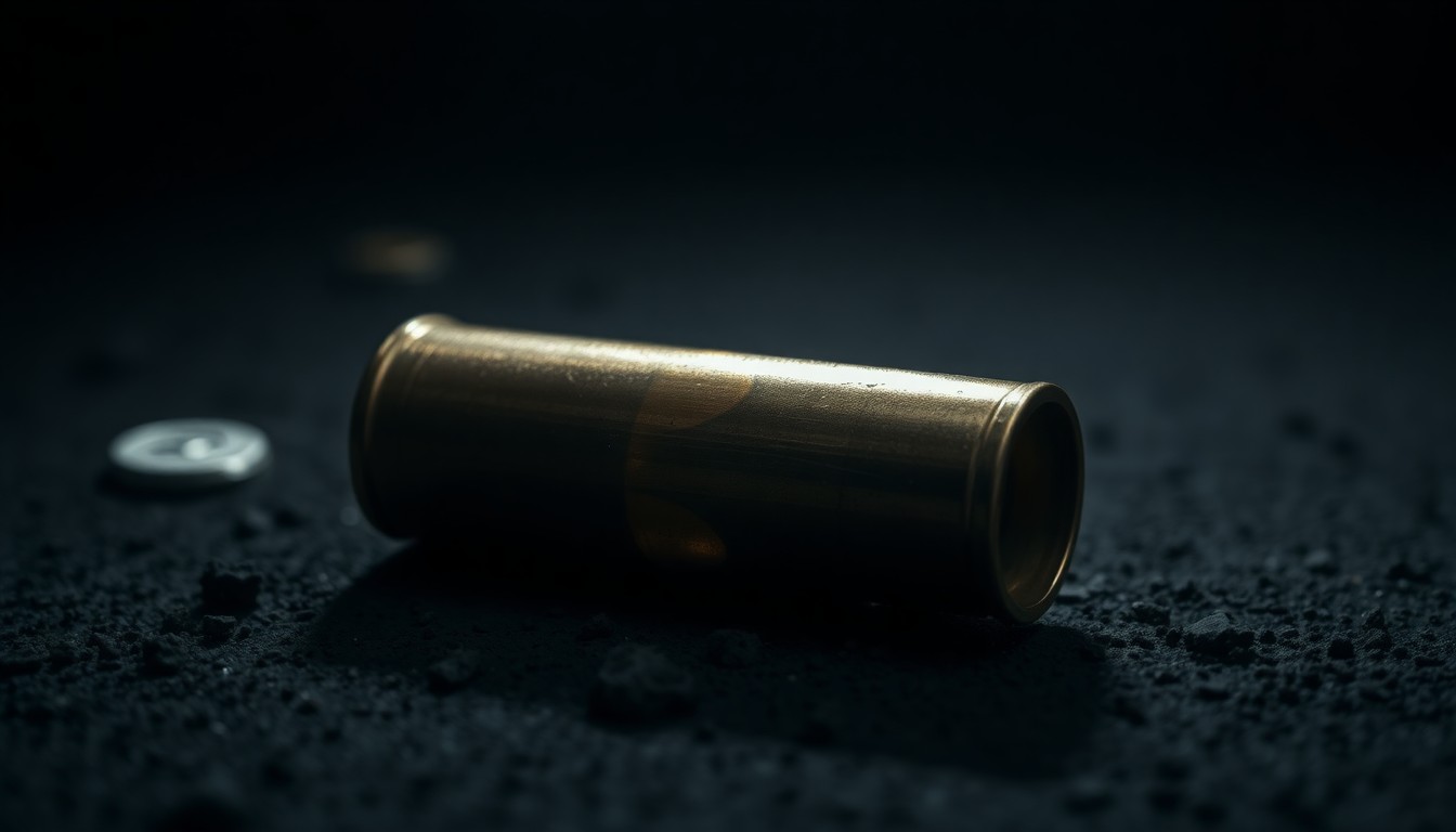An extreme close-up photograph of a spent shell casing on a dark, gritty surface, conceptually illustrating the aftermath of a shooting incident in the Erie community.