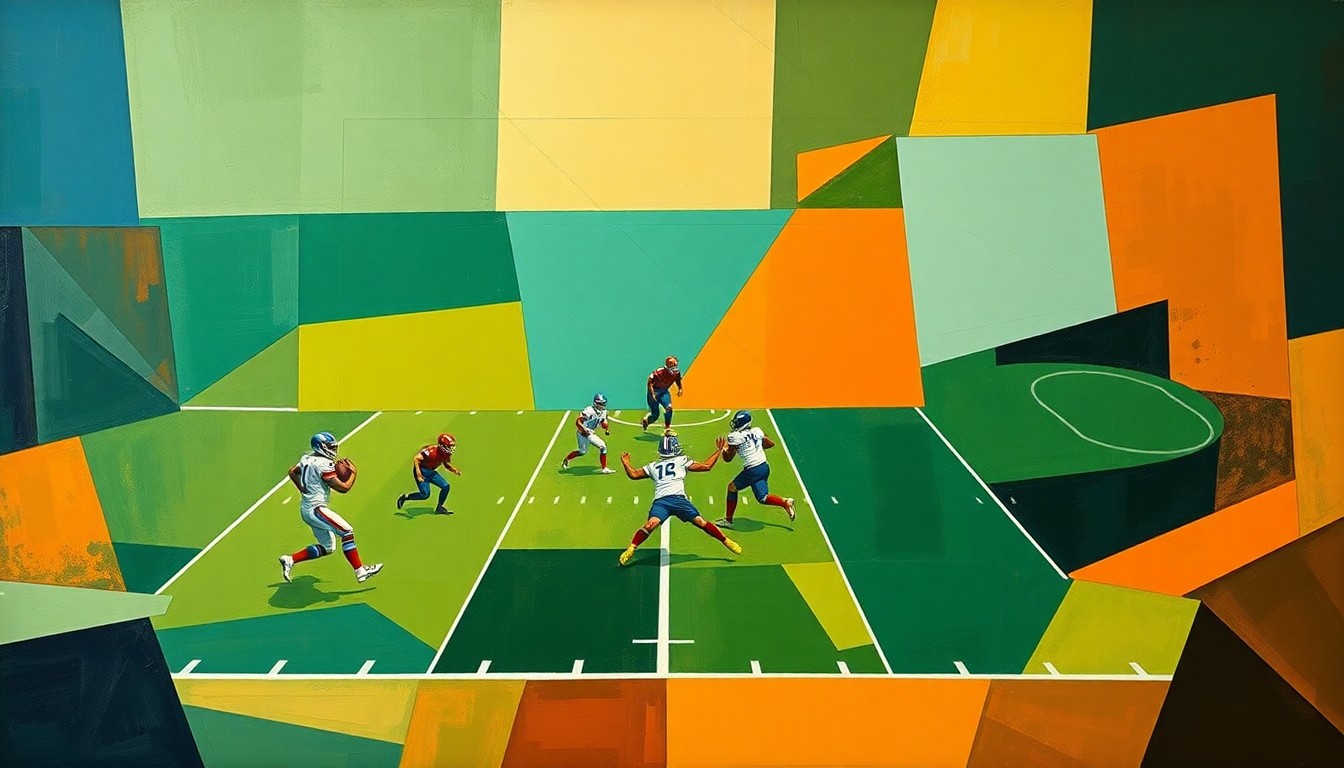 A cubist-style painting featuring fragmented, geometric shapes in earthy green, orange, and blue tones, representing the complex interplay of a football play.