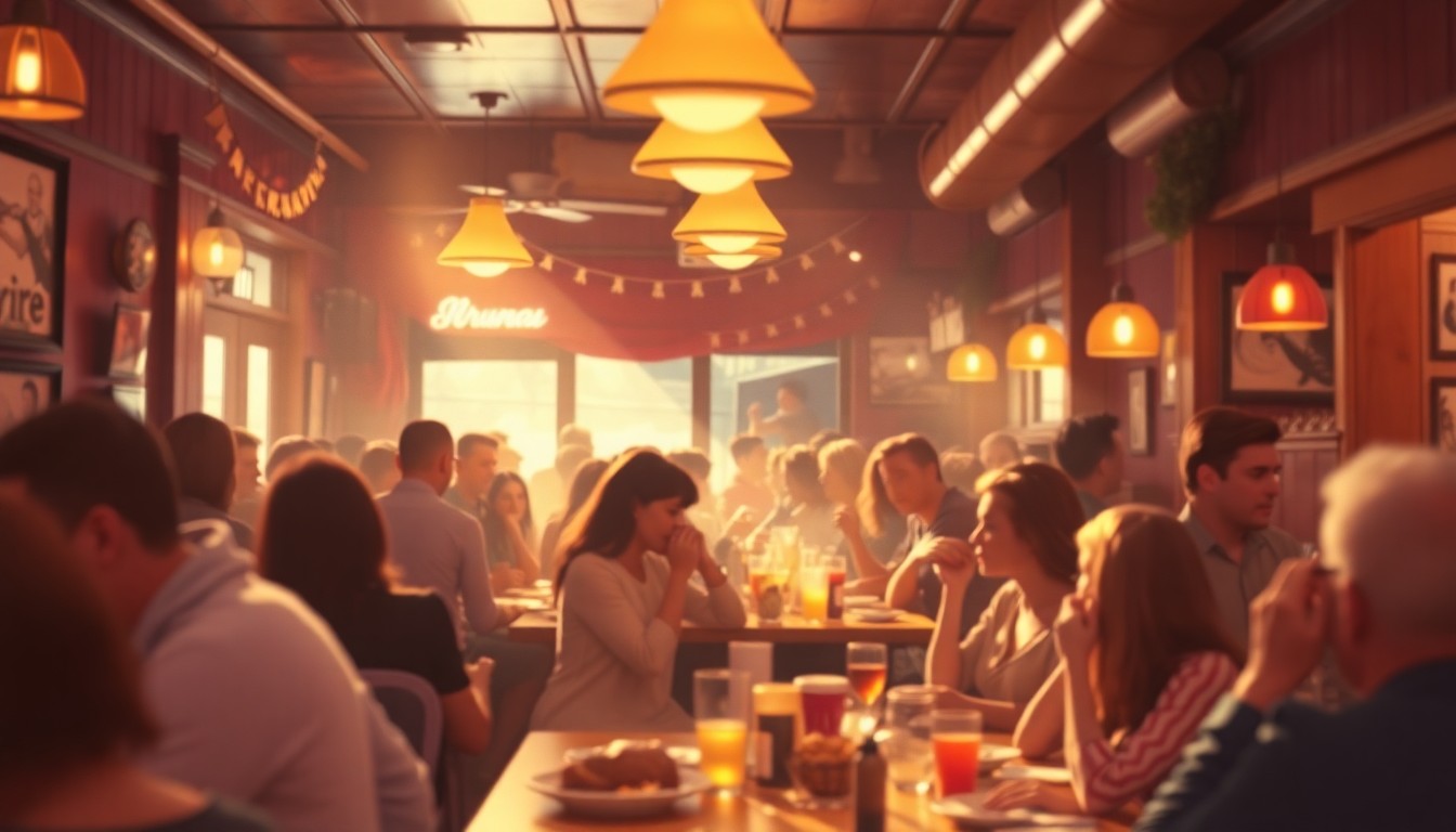 An abstract, out-of-focus scene of people dining in a cozy restaurant, with warm pools of light and color creating a nostalgic, inviting atmosphere.