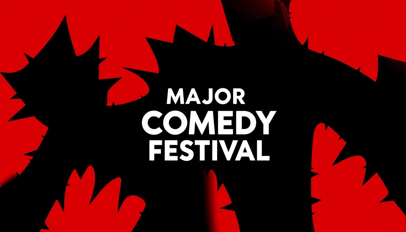 An abstract, minimalist illustration featuring sharp, angular black shapes against a bright red background, conveying the high-energy and excitement of a major comedy festival.