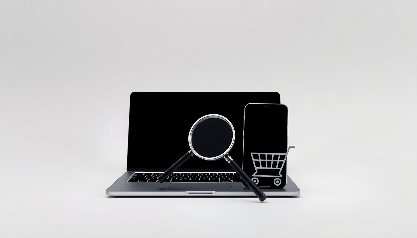 A high-end studio still life photograph featuring a collection of polished, premium objects arranged elegantly on a clean, monochromatic background. The objects symbolize the key components of Wytlabs' ecommerce SEO framework, including a laptop, mobile phone, magnifying glass, and stylized shopping cart icon. The dramatic lighting and shadows create a sense of technical precision and strategic focus.