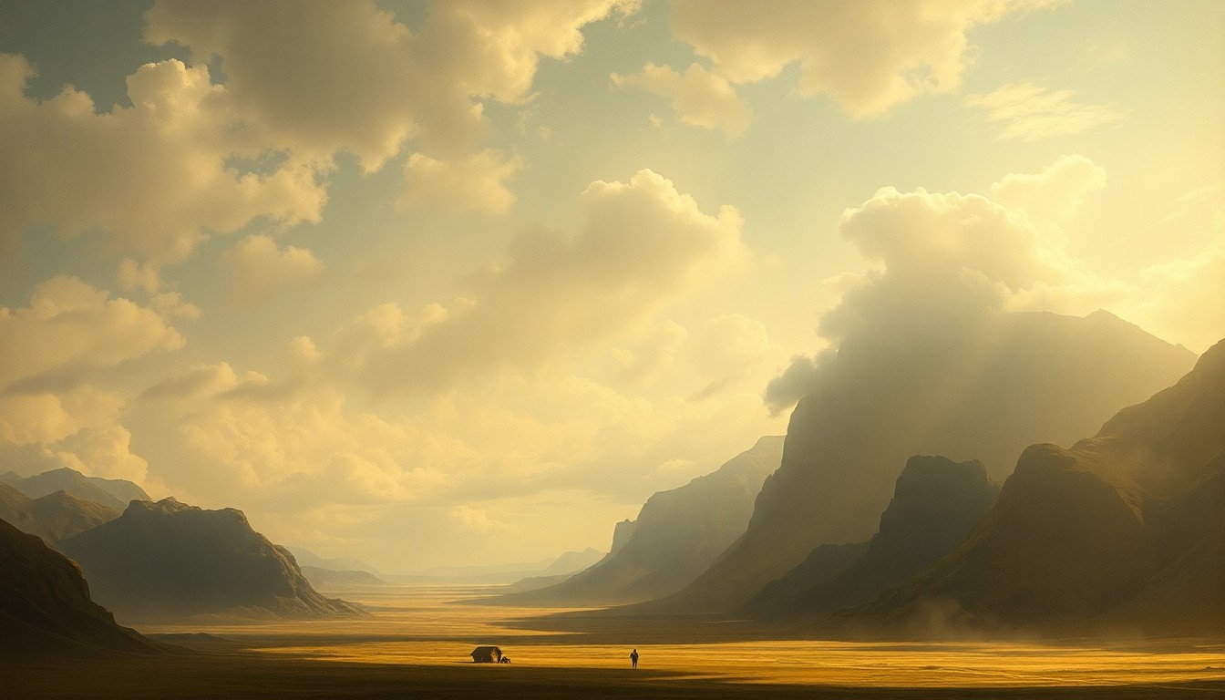 A vast, atmospheric landscape painting depicting a warm, hazy day with scattered clouds over a coastal horizon, conveying the sublime scale of the natural environment.