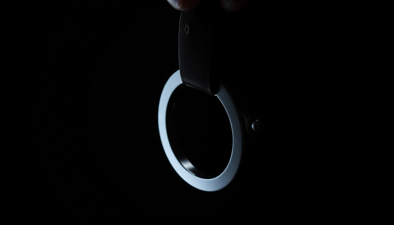 An extreme close-up photograph of a police handcuff against a pitch-black background, lit by a harsh, direct camera flash, conceptually representing the confrontational nature of the reported incident.