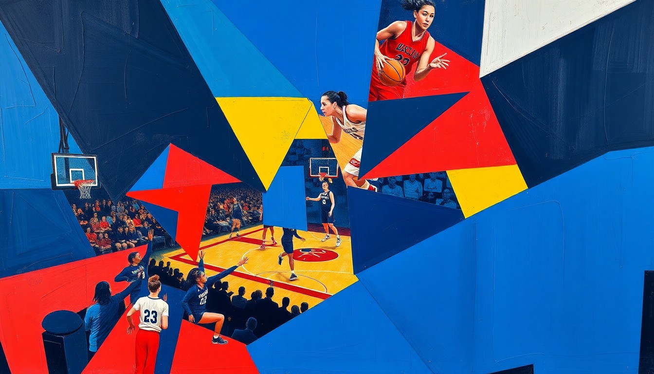 A cubist, geometric painting depicting the action and energy of a women's basketball game, with overlapping shapes and planes in a vibrant color scheme.