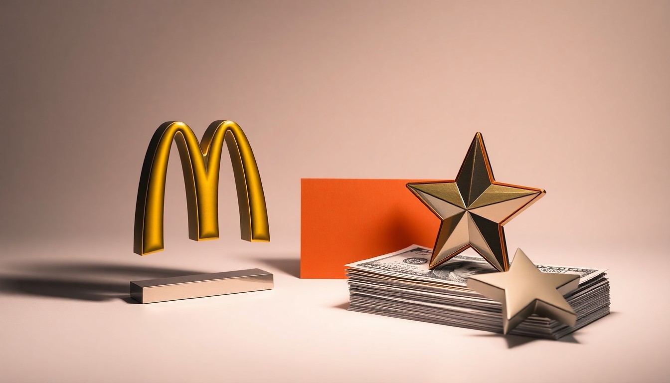 A high-end, photorealistic studio still-life photograph featuring a carefully arranged composition of premium materials and geometric shapes, including a polished metal McDonald's logo, a stack of crisp dollar bills, and a child's toy wishing star, all set against a clean, monochromatic background with dramatic lighting and deep shadows, conceptually representing the corporate strategy and community impact of the McDonald's Gives Back Day fundraiser.