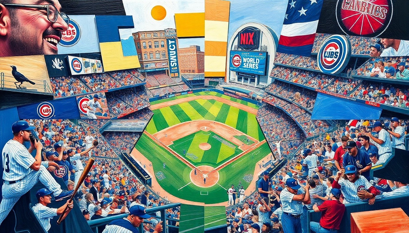 A cubist-style painting depicting fragmented, overlapping elements of a baseball game, including players, equipment, and stadium features, conveying the multi-faceted nature of the Cubs' World Series victory.
